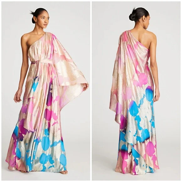 Halston Nisa Gown Printed Fil Coupe Fuschia Turquoise Gold One-Shoulder Dress 4 - Picture 2 of 16